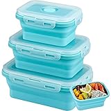 Demason Faltbare Frischhalteboxen 3 Stück Brotdosen aus Silikon Wiederverwendbar Container Blau Lunchbox Rechteckig Vorratsdosen für Mikrowellen, Kühlschränke 350/500/800 ML