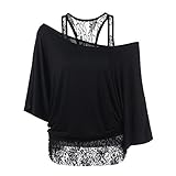 Lulupi Shirt Damen Spitze Schulterfrei Oberteil Bluse Sommer Mode One Shoulder Oversize Tshirt Tunika Lose Fledermausärmel Pullover Top Sw