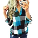 Damenmode Gitterdruck V-Ausschnitt Langarm Casual T-Shirt Pullover Bluse Persönlichkeit Patchwork Lose Klassisches Allgleiches T-Shirt L