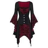 Hopoter Damen Mittelalter Kleidung Gothic Retro Kleid Ballkleid Trompetenärmel Partykleider Cosplay Dress Elegant A-Linie Langarm Vintage Karneval Halloween Party