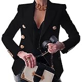 Damen-Blazer zweireihig, schmal, tailliert, für Arbeit und Büro, mit Taschen, Schwarz , 32-34