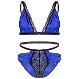 iEFiEL Herren Dessous Satin + Mesh BH Büstenhalter Crop Top + Sissy Höschen Tanga Slips Unterwäsche Set Männer Reizwäsche Bikini Set M-XL Stil C Blau XL