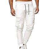 LWJBHSH Herren Cargo Hose Mit Taschen Einfärbig Relaxed Gummiband Kordelzug Slim Fit Lange Jogger Frachthose (Color : White, Size : L)