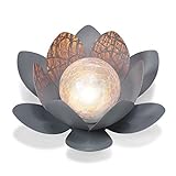 Dekorative Solar Lotusblüte aus Metall mit Glaskugel - angenehm warmweißes Licht - traumhafte Lichteffekte - Bruchglasoptik - (D x H): 27 x 9cm - Solarlampe Gartenbeleuchtung Lotusblume esotec 102086