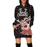 Longpullover für Damen, Damen Weihnachtspullover Kleid Weinglas Motiv Langarm Hoodie Weihnachtskleid Weihnachten Drucken Langarmshirt Elegante Pulli Kleid Pullover Slim Fit Partyk