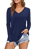 Florboom Damen Tshirt V-Ausschnitt Longshirt Langarm Oberteile Loose T-Shirt Tops Dunkelblau M