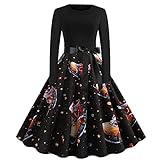 Damen Langarm Weihnachtskleid Vintage Cocktailkleid 50er Jahre Abendkleid Elegant Weihnachten Kleider Rundhals Swing Partykleid Weihnachtsmann Muster Kleider High Waist A-Linie Midik