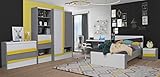 Jugendzimmer Divertido 6 teiliges Komplett Set in Weiß, Grau und Gelb von Forte mit Kleiderschrank, 120er Jugendbett, Schreibtisch, Kommode, Nachttisch und Standreg