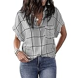 QWERD Bluse Damen Kurzarm Kariert Bluse V Ausschnitt Shirts Oversized Lose Freizeithemd Tunika Sommer Oberteil Frauen Plaid Shirt Casual V-Ausschnitt Kariertes Kurzarmshirts Oberteile Elegant Top