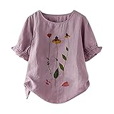 Fishoney Damen Sommer Casual Tops Große Größe Lose Kurzarm Rundhals Druck Retro T-Shirt Home Party Arbeiten Outdoor Sport Frauen Kleidung, violett, XXL