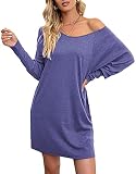 T-Shirt Damen Langarm Shirts Basic Top Casual Lose Lang Tee Shirt Kleider Einfarbig V-Ausschnitt Oberteile Tunika Bluse XXL&Dunkelb