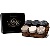 Whiskey Steine Geschenkset- 6 Handgefertigte Premium-Granitsteine - Präsentations & Aufbewahrungsschale Aus Hartholz R.O.C.K.S