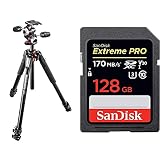 Manfrotto 055 professionelles Fotostativ mit 3 Auszügen (3-Wege Neiger und horizontaler Mittelsäule) & SanDisk Extreme Pro SDXC UHS-I Speicherkarte 128GB (V30, Übertragungsgeschwindigkeit 170 MB/s)