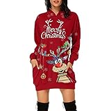 Weihnachtskleid Damen Große Größen Frauen Herbst und Winter neues langärmliges Weihnachts beiläufiges reizvolles Tasche Sweatshirt Kleid O-Neck Weihnachten Netter Elch Schneemann Schneeflocke Druck