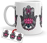 Kembilove Kaffeetasse Hamsa Auge - Hand der Fatima mit Lotusblüte - Talisman Frühstückstassen - originelle Tassen als Geschenk zum Geburtstag