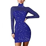 KIMODO Glitzernähte Mesh Kleider Partykleid Festliches Faltenkleid Damen Elegant Minikleid A Linie Hüftkleid Hohe Taille Netz Einfarbig Cocktailkleider (A-Blau, L)