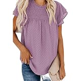 DOMBX Damen Übergröße Fledermaus Kurzarm O-Ausschnitt Chiffon Polka Dots Einfarbig Lockere Passform T-Shirts Tops Blusen für Sommer Frauen Lässig Elegant Übergroß Rüschen Jacquard Basic Comfy H