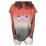 Bunte Blumen Motiv T-Shirt Damen Sommer Oberteile Lässig Print Kurzarm O-Ausschnitt Locker T-Shirt Bluse Top Casual Einfarbig Basic Gestückelte Tees Tops Elegant Locker Mädchen All X21 - Orange XXL