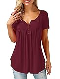 Florboom Damen Tunika Oberteile Sommer Kurzarm Shirts V Ausschnitt Longshirt Elegant Bluse Tshirt Weinrot XL