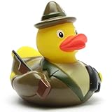 Duckshop I Badeente I Quietscheente I Lustige Badeente Jäger - Quietscheentchen mit Gewehr, Feldstecher und Jagdhorn - Geschenk für jeden Jäger - Jagd - inkl. Badeenten-Schlüsselanhänger im S