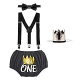 Baby Neugeborene Jungen Fotografie Kuchen Smash Outits Löwe Mickey Wild One Crown für 1. 2. Geburtstag, Kostümparty, Kostüm, 4 Stück Gr. 86, Schwarz-breit O