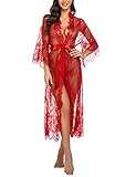 Avidlove Damen Dessous Kleid Lang Kimono Spitze Negligee Nachtwäsche Transparente Robe Set Cardigan mit Gürtel und G-String Bikini Cover up Rot M