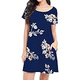 Damenkleid Casual Summer A-Line Knielanges Kleid Casual Kurzarm-Hemdkleid mit O-Ausschnitt und Taschen(XL,Blau)