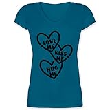 Valentinstag Partner Geschenke - Love me, Kiss me, Hug me mit Herzen - schwarz - L - Türkis - V-Neck - XO1525 - Damen T-Shirt mit V