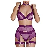 Mode Frauen Dessous mit Trägern, Babydoll, sexy BH und Panty-Sets;Damen Neue sexy Metallnähte Lätzchen Mesh Hohle Unterwäsche Set vierteiligen Anzug Lässig