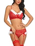 Avidlove Damen Weihnachts-Dessous, zweiteiliger Weihnachtsmann-BH und Panty mit Strumpfgürtel, rote Spitze Babydoll, rot, X-S