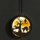 Halloween Deko Holz Rundes LED Lichter Hängende Deko - Hohle Silhouetten Hexe Kürbis Geist Muster Halloween Lichterkette Handwerk Hängende Verzierungen Wand dekor Fensterdeko Häng