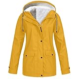 iHENGH Damen Regenjacke,Solid Plüsch Verdickungsjacke Outdoor Plus Size Kapuzenregenmantel Winddicht(Gelb-5, M)