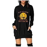 Kookmean Damen Halloween Gesicht Grafik Langarm Kleider Mit Kapuze Taschen Pullover Hoodie Kleid Tunika Sweatshirt Kleid, C-Gelb, 38