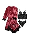 DIDK Damen 4 Stücke Sets Morgenmantel Kimono Dessous Set Satin Pajama Spitze Robe BH und Unterhose für Braut Nachtwäsche Sexy Babydoll Reizwäsche Rot Schwarz XL