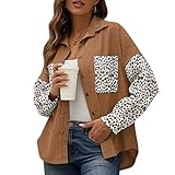 SLYZ Herbst Winter Damen Cardigan Tops Damen Cord Lose Leopardenmuster Freizeithemden Damen Colorblocking Fashion Top