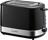 Bosch Kompakt Toaster TAT7403, integrierter Edelstahl-Brötchenaufsatz, mit Abschaltautomatik, mit Auftaufunktion, perfekt für 2 Scheiben Toast, breit, Liftfunktion, Brotzentrierung, 800 W, schw
