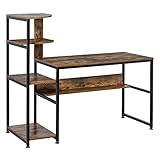 HOMCOM Schreibtisch Bücherregal Computertisch Bürotisch mit 4 Ablagen einstellbar E1 Spanplatte Metallrahmen Schwarz+Rustikales Braun 140x 60 x 122