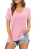 Florboom T-Shirt Damen Sommer Oberteile V-Ausschnitt Longshirt Kurzarm Einfarbiges Tshirt Rosa L