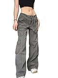 Winkinlin Einfarbige E-Girl Vintage Hose für Frauen Low Waist Flare Pants Slim Fit Taschen Fashion Pants Y2K Streetwear, grau, M