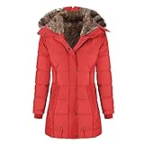 shesuseke Damen-Wintermantel – Kapuzenjacke – Louson mit Kapuze gepolstert aus Baumwolle – winddicht – Trenchcoat – Velours-Parka, rot, 36