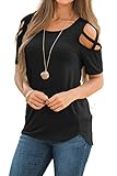 NICIAS Damen Sommer Kurzarm T-Shirt Oberteil Schmales Strappy Cold Shoulder Rundhal Hemd Lässige Tunika Bluse Shirt Schwarz XXL