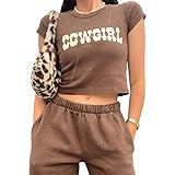 Damen Sommer Vintage 90er Jahre Cowboy Letter Print Grafik Kurzarm Crop Top T-S