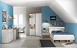 Jugendzimmer Chicory 8 teiliges Komplett Set von Forte in Eiche Riviera und Weiß Hochglanz mit Eckleiderschrank, 120er Bett mit Nachttisch, Schreibtisch, Kommode und Reg