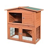 Pawhut Kaninchenstall draußen Winterfest Kaninchenkäfig Kleintierstall Zweistufiger Aufbau Hasenstall mit Rutsche Doppelstöckiger Tannenholz Hellrot 100,5 x 55 x 101