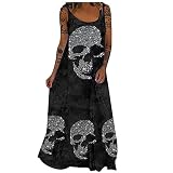 ERNUMK Kleid mit langem Druck, Totenkopf, ärmellos, lockeres Kleid, Damen, modisch, Rundhalsausschnitt, Rundhalsausschnitt, modisches Kleid (Grau, XXL)