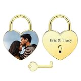 INBLUE Personalisierte Herzförmige Sperre Angepasst Gravur Bild Foto Name Datum für Paar Freund Freundin Liebe Brücke Legierung Vorhängeschloss mit Schlüssel Beziehung Liebhaber Geschenk(Gold Farbe)
