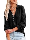 Beautmell Damen Reverskragen V-Ausschnitt Pullover Übergröße Langarm Blusen mit Nähen Knöpfe Pullover Umlegekragen Shirts, Schwarz , X-Larg