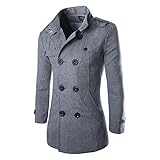 Nuzai Wollmantel Herren Slim Fit Stehkragen Zweireiher Jacke Herren Mode Einfarbig Mittlere Länge Mantel Herren Herbst Winter Warm Verdicken Windbreaker H