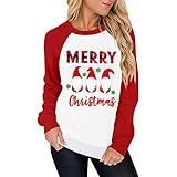 Damen Weihnachten Katze Druck Pullover Langarm Sweatshirt Rundhals Raglan T Shirt Damen Basic Casual Farbblock Tunika Tops, Rot_63, M