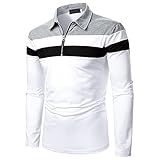 JINKO Herren-Poloshirt für Herbst und Winter, dreifarbige Nähte, langärmelige Knopftasche, Umlegekragen, Freizeit-T-Shirt, Poloshirts für Männer, Erwachsene, Herren, England, Golf, Polohemden, weiß, M